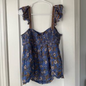 Free People Blue Floral Ruffle Blouse